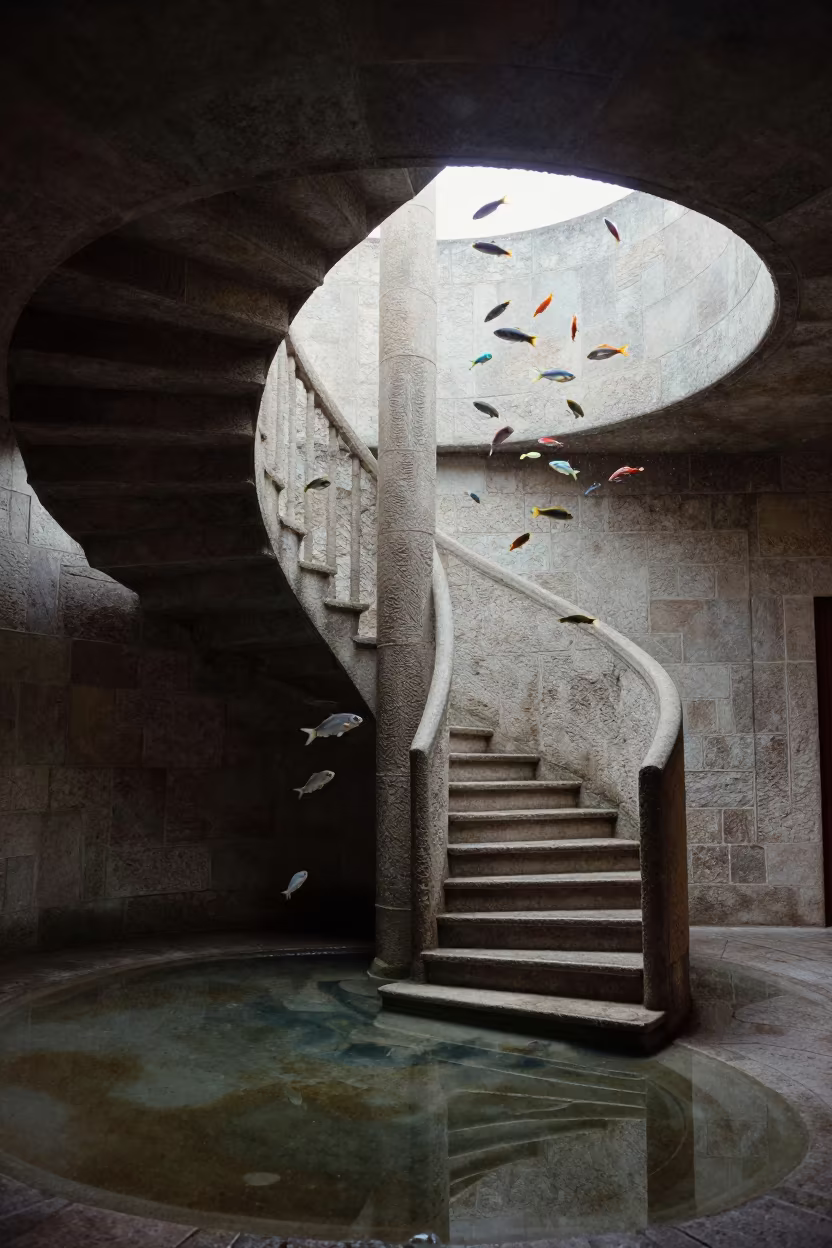 Fish Swimming Stone Spiral Atrium Aba in inside a vaulted atrium in Aba