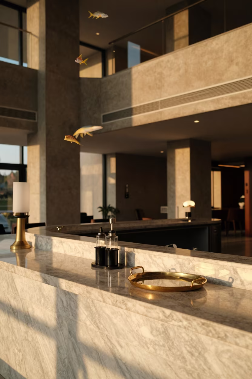 Fish Swimming Through Hotel Lobby Air in inside a hotel lobby near Anyang