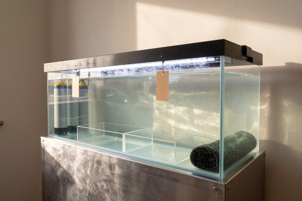 Fish Transport Canister Rack with Tags and Bins in inside a fish bagging counter zone in Prato