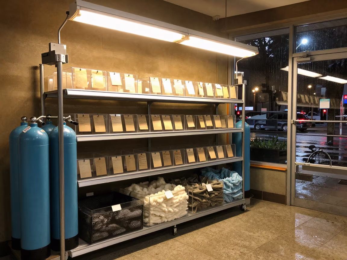 Fish Transport Canisters on Rack in Tonalá Shop in inside a fish bagging counter zone near Tonalá