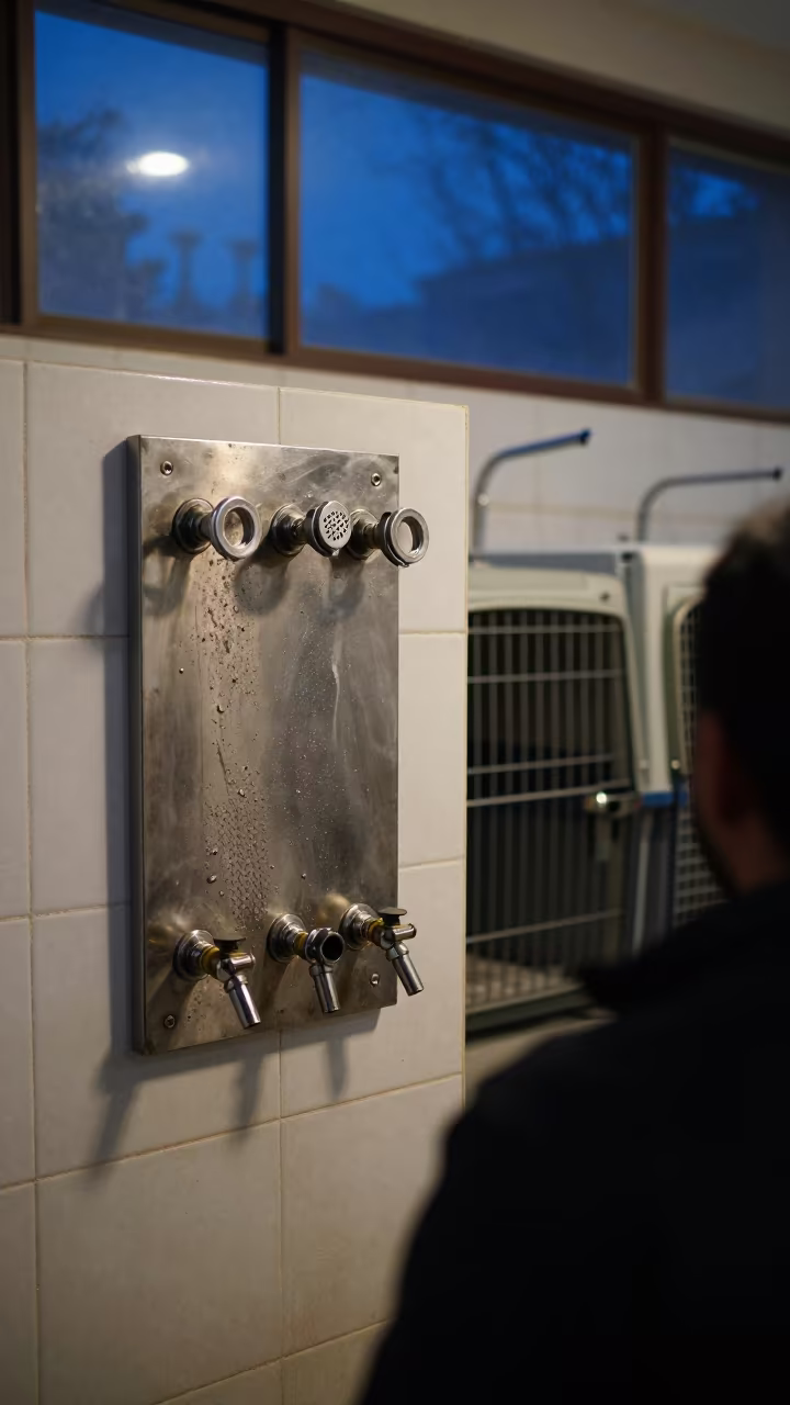 Fish Valve Board in Jaipur Dog Wash Twilight in at a self-serve dog wash station in Johari Bazaar, Jaipur