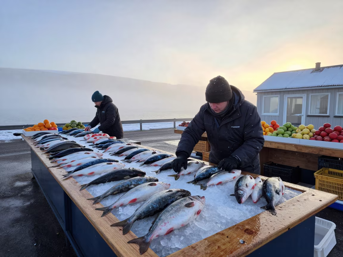 Fish Vendor Arranges Catch on Ice at Reykjavik Market in at a roadside fruit stand in Skolavordustigur, Reykjavik