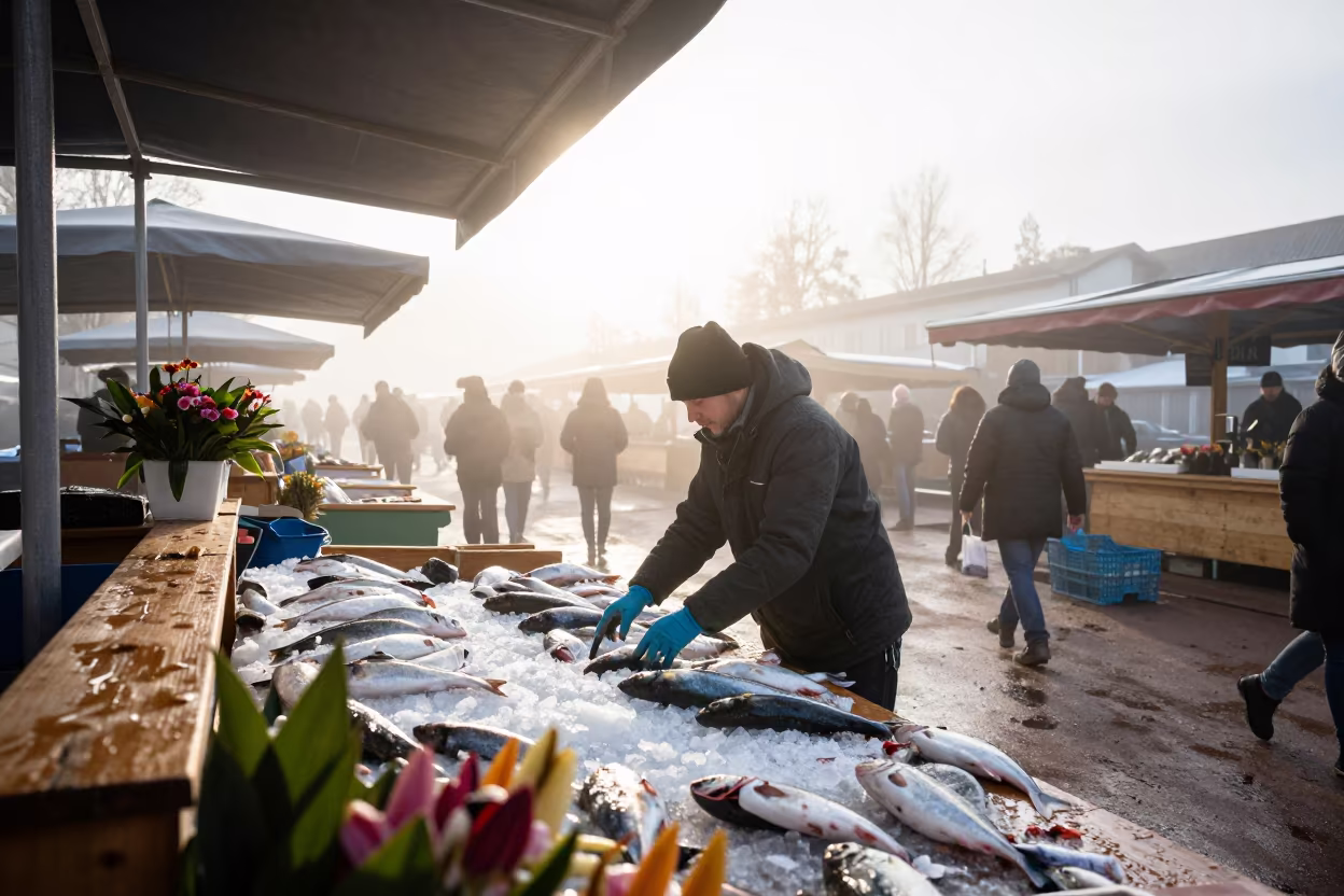 Fish Vendor Arranging Catch on Ice at Flower Market in at a flower auction bench in Kiruna