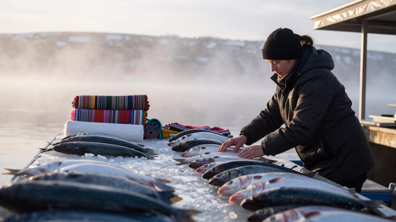 Fish Vendor Arranging Catch on Ice at Kiruna Market in at a textile trader's stall in Kiruna