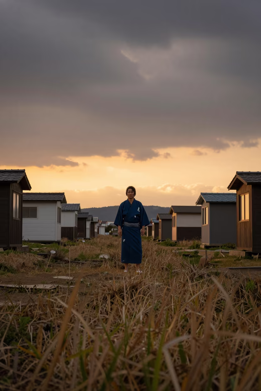 Fisherman in Amber Light with Tiny Shoebox Buildings in on a hillside near Jinan