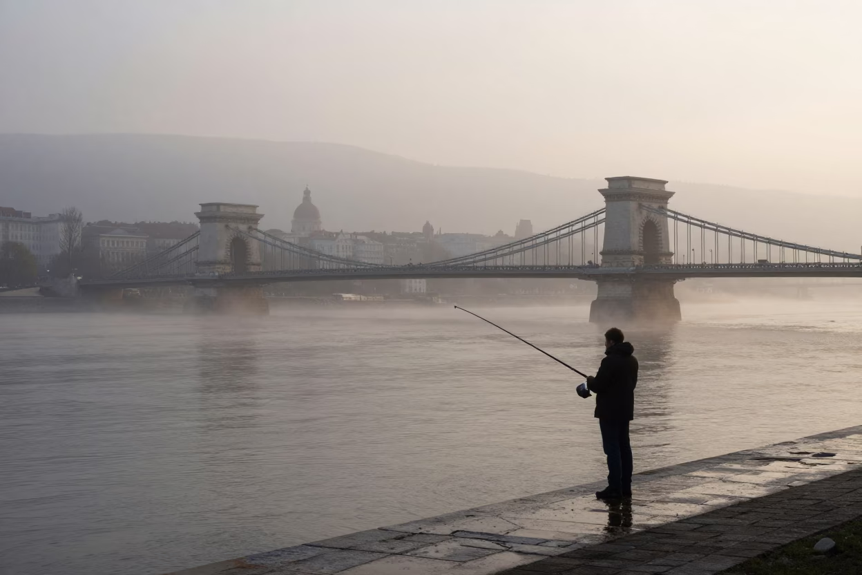 Fisherman at Dawn Light in in Budapest, Hungary