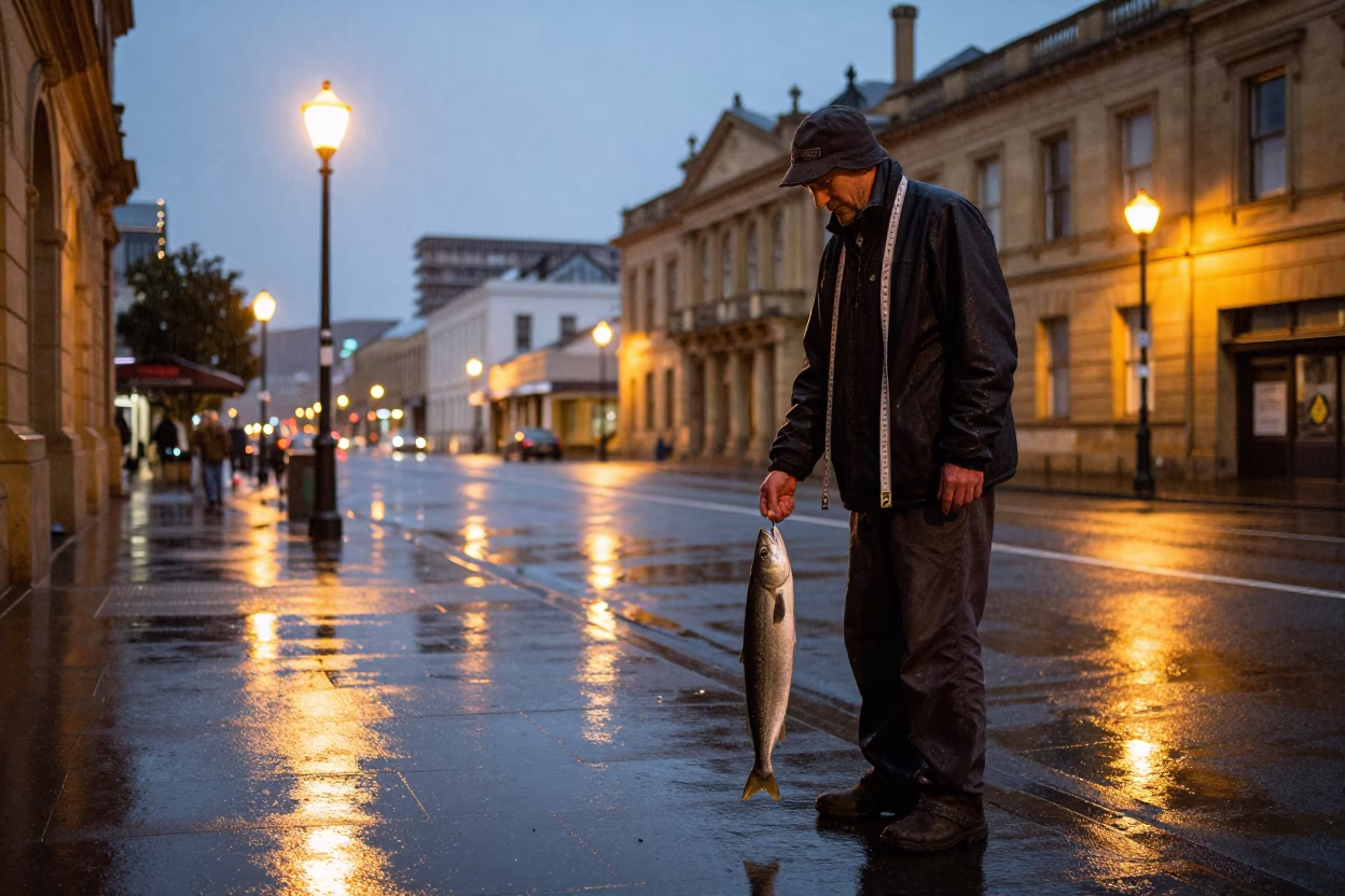 Fisherman at Dusk Light in in Hobart, Tasmania, Australia