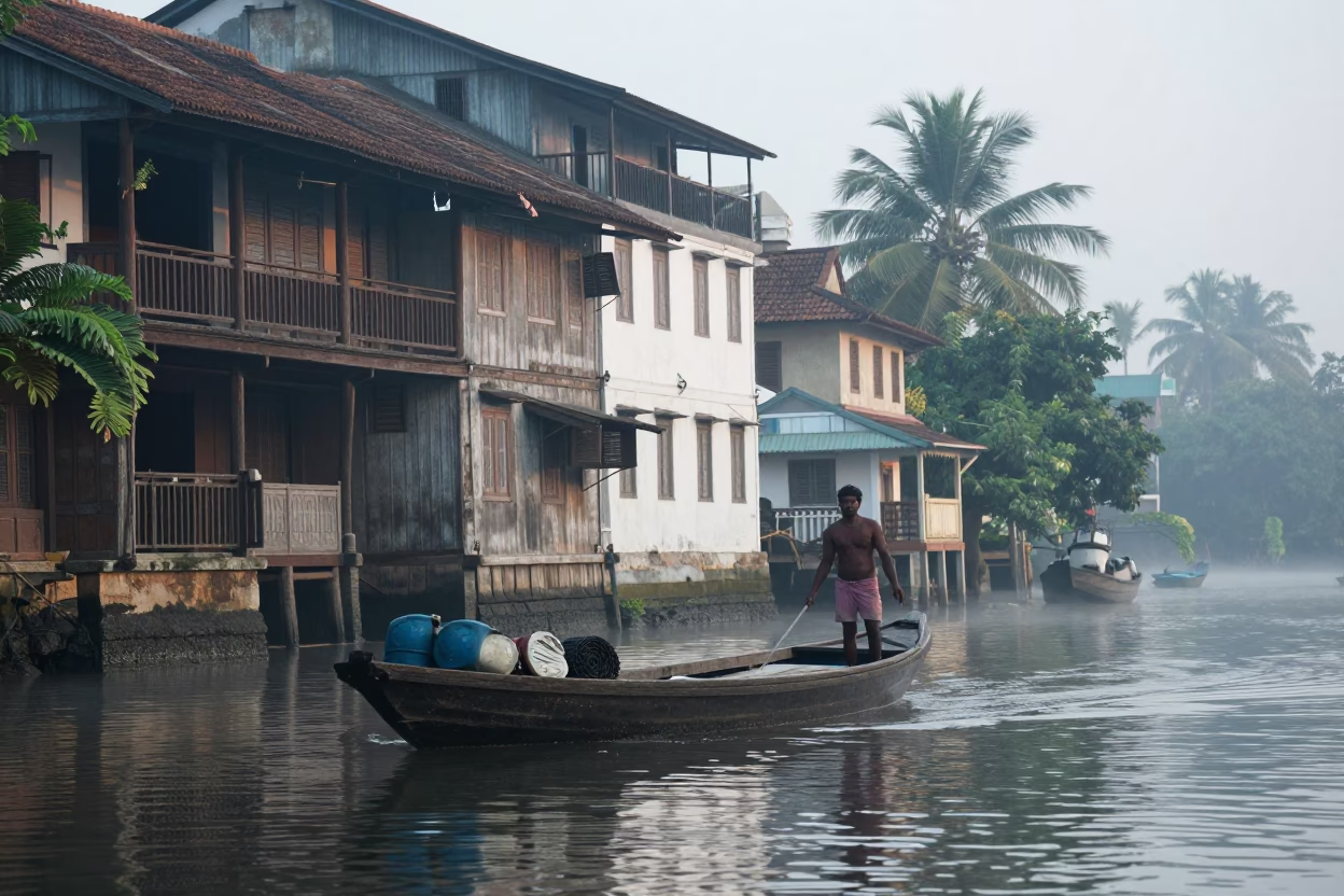 Fisherman at Early Morning Light in in Kochi, India