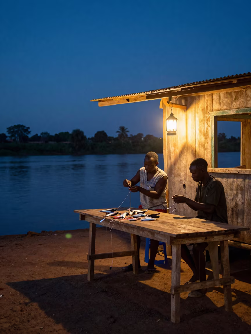 Fisherman Baiting Hooks Lantern Light Bobo-Dioulasso in by a riverbank near Bobo-Dioulasso