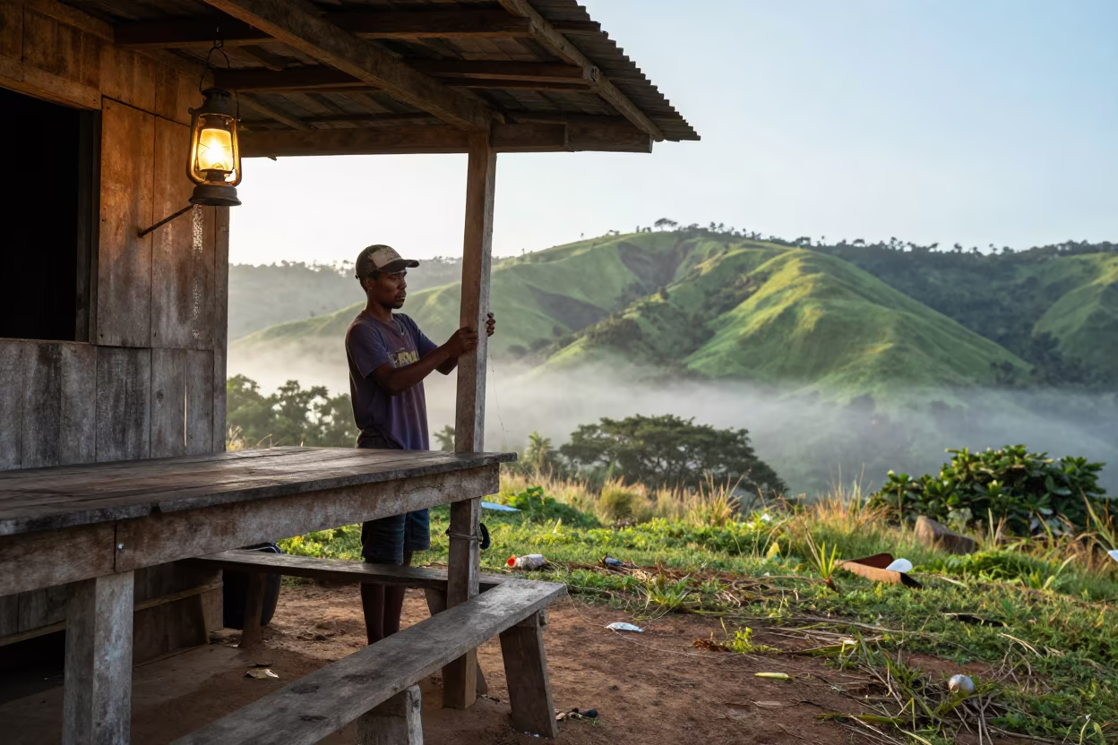 Fisherman Baiting Hooks in Lantern-Lit Boathouse in on a hillside near Antsirabe