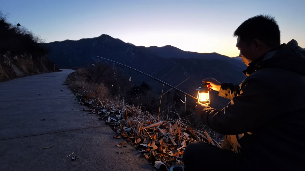 Fisherman Baiting Hooks Twilight Mountain Path in on a mountain path near Changchun