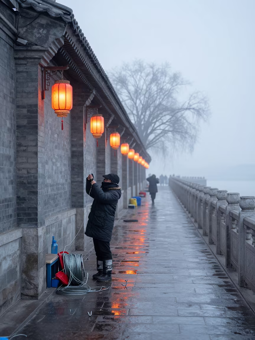 Fisherman Baiting Hooks in Winter Mist Beijing in in a village lane near Wangfujing, Beijing