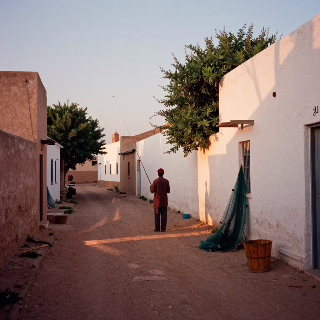 Fisherman Casting Line in Kenitra Lane in in a village lane near Kenitra