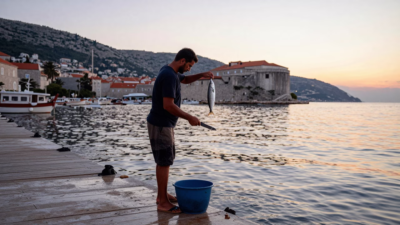 Fisherman Cleaning Catch on Dubrovnik Dock at Sunrise with Old Town Walls in in Dubrovnik, Croatia