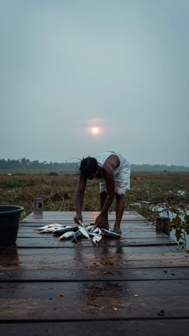 Fisherman Cleans Catch at Monsoon Dawn in near open fields near Chennai
