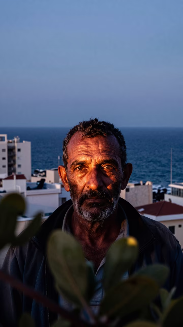 Fisherman Face Reflected Light Tel Aviv Twilight in along a windswept rooftop near White City, Tel Aviv
