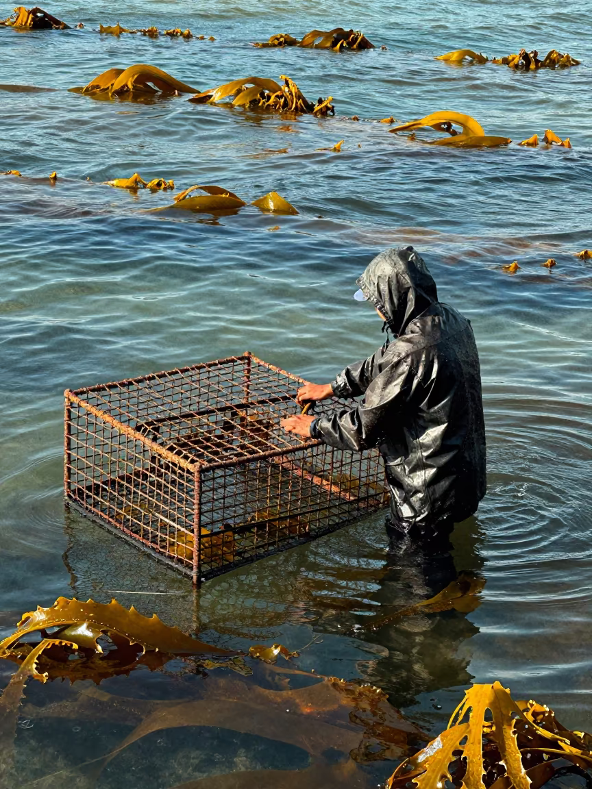 Fisherman Hauling Crab Pot Through Kelp Forest in through a forest of kelp fronds near Miramar, Havana