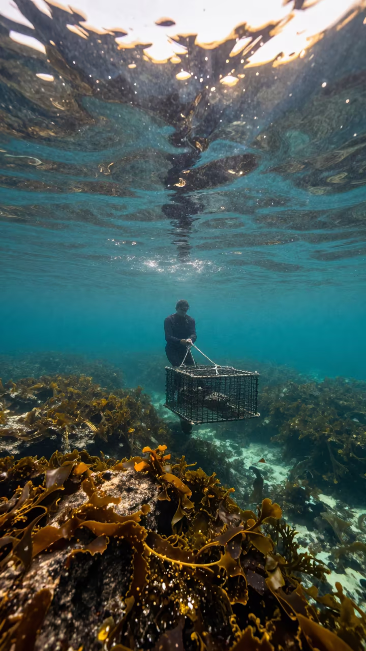 Fisherman Hauling Crab Pot from Kelp Shelf Barcelona in along a kelp-fringed shelf near Barcelona
