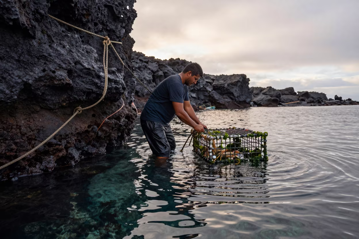Fisherman Hauling Crab Pot Near Salvador Volcanic Drop-off in beside a volcanic drop-off near Salvador