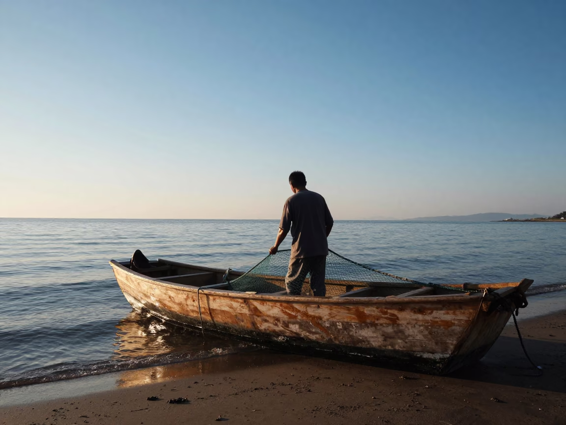 Fisherman Hauling Gill Net from Wooden Dory at Dawn in along a beach near Jinan