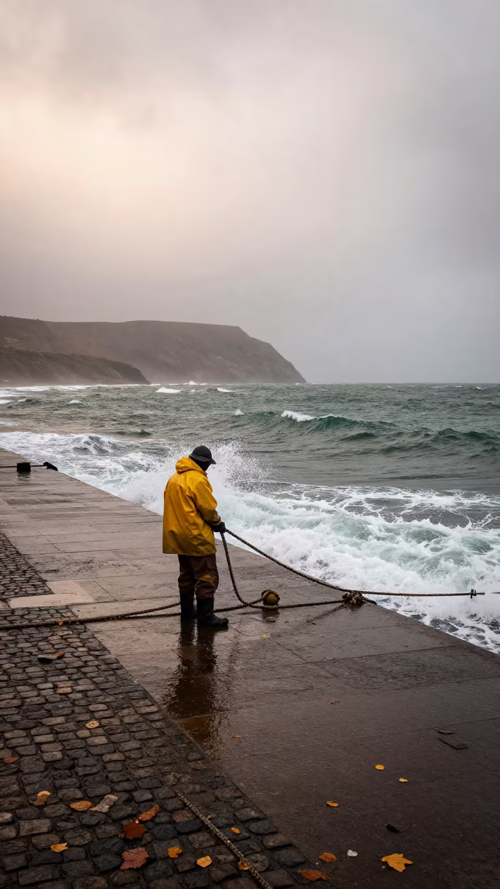 Fisherman Hauling Line in Late Autumn Drizzle in at a harbor quay near Durban