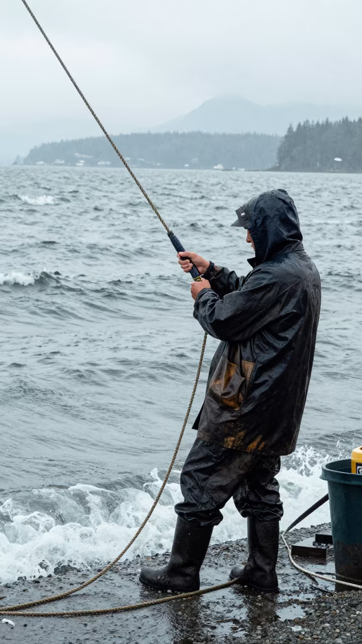Fisherman Hauling Line in Monsoon Drizzle in near open fields near Vancouver