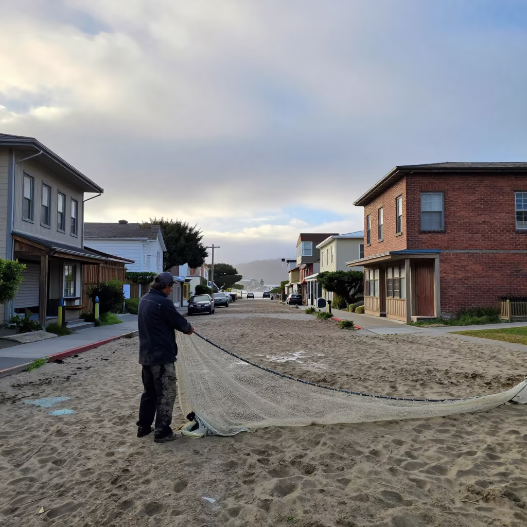 Fisherman hauling net at dawn in Japantown lane in in a village lane near Japantown, San Francisco