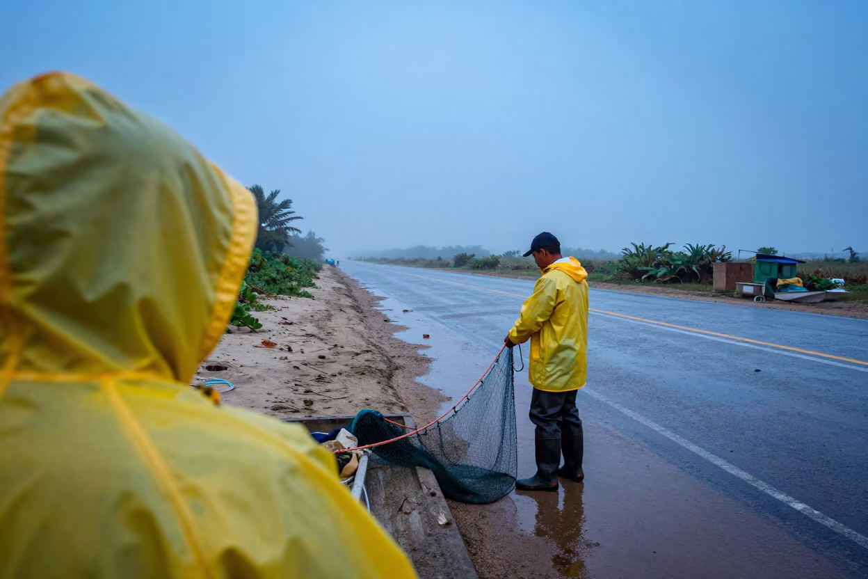 Fisherman Hauling Net at Dawn Roadside Stop in at a roadside stop near Cartagena