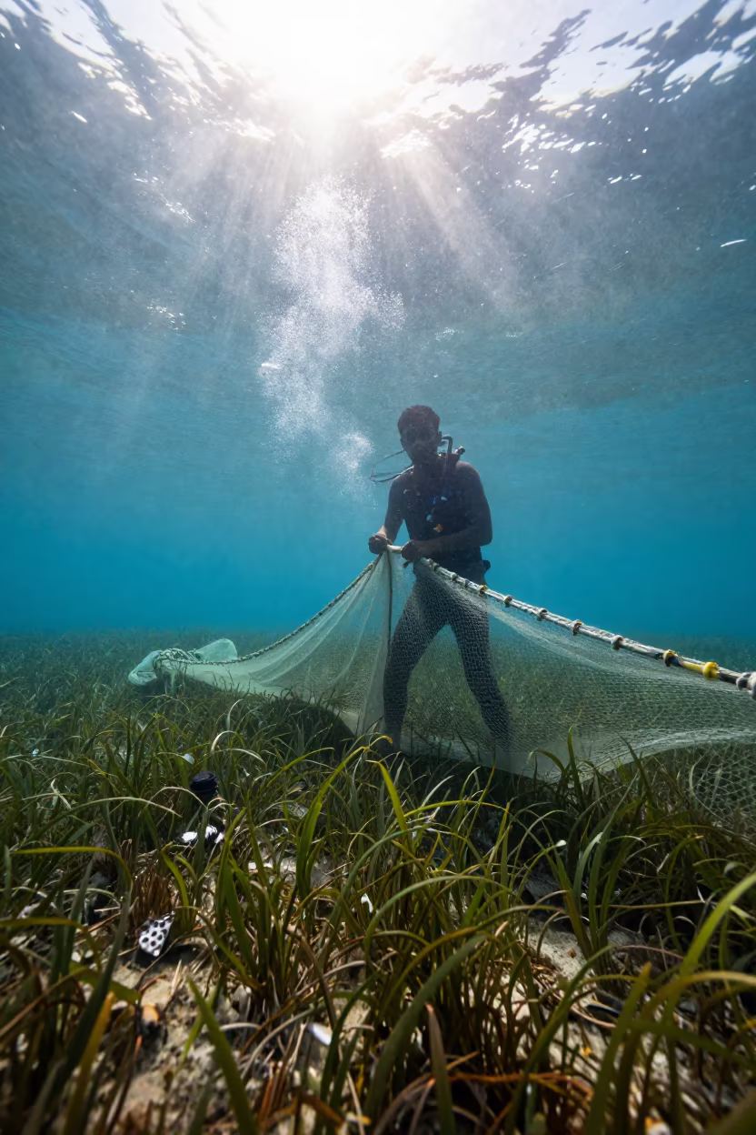 Fisherman Hauling Nets Over Seagrass Meadow in above a seagrass meadow near Juhu, Mumbai