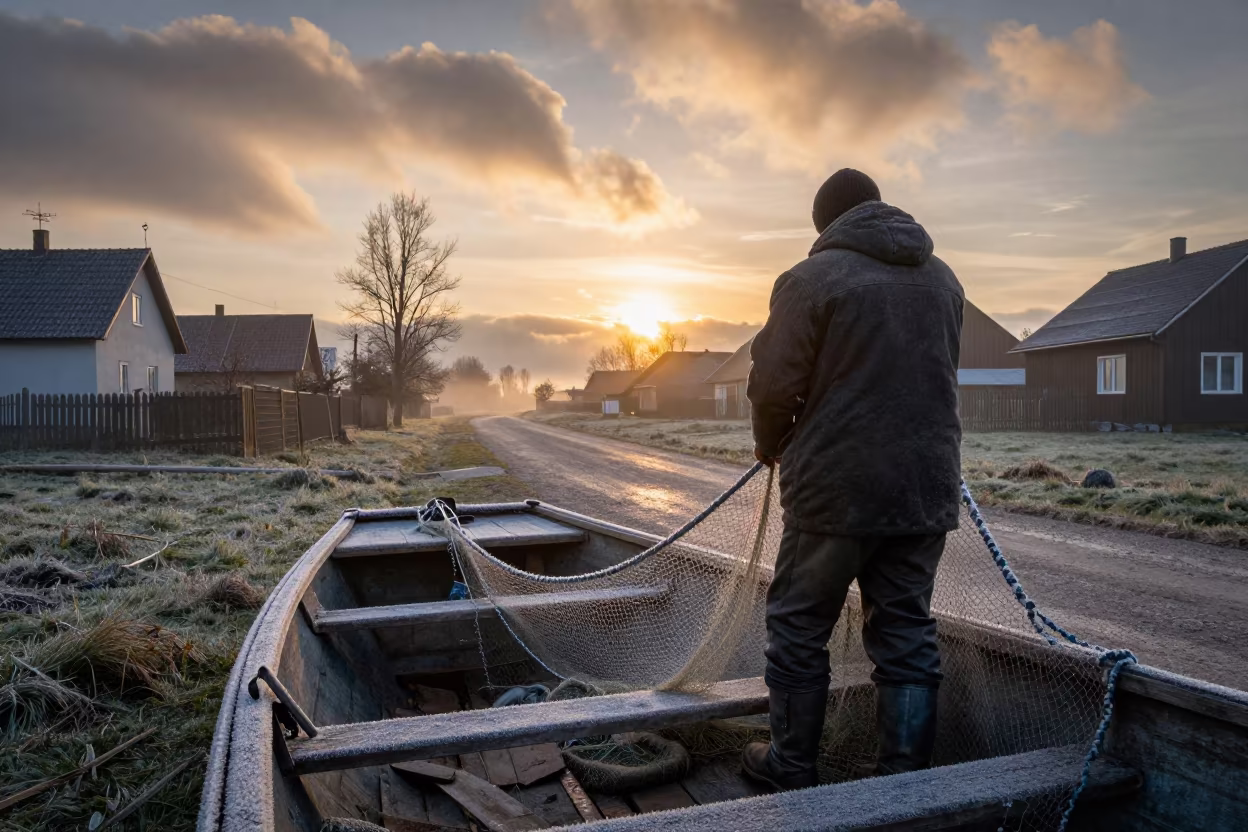 Fisherman Hauls Gill Net From Wooden Dory at Dawn in in a village lane near Szeged
