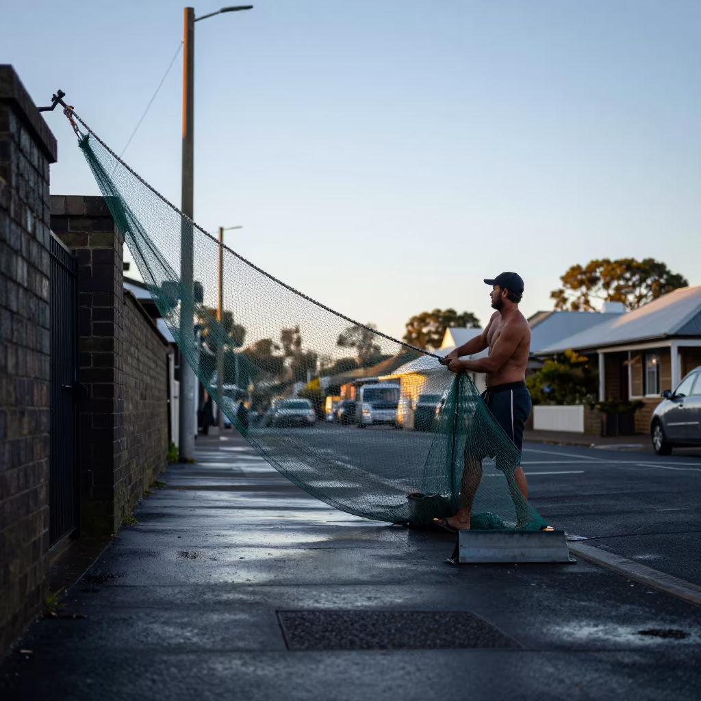 Fisherman Hauls Net Dawn Light Paddington Sydney in in a village lane near Paddington, Sydney