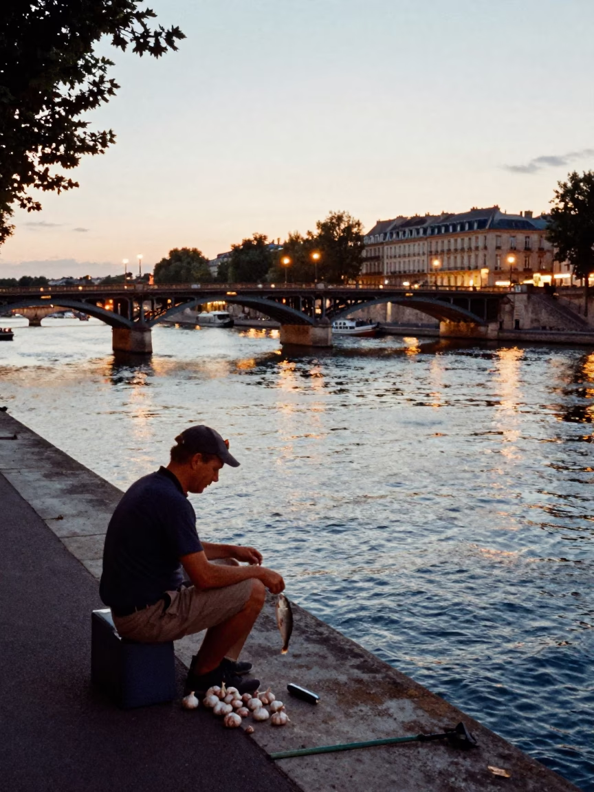 Fisherman in Paris at Evening Light in in Paris, France