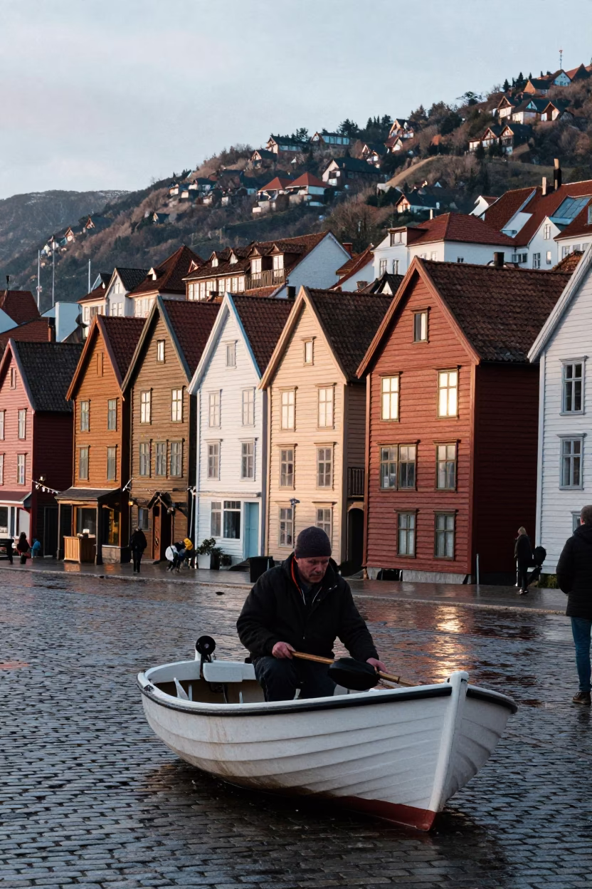Fisherman just after sunrise in Bergen in in Bergen, Norway