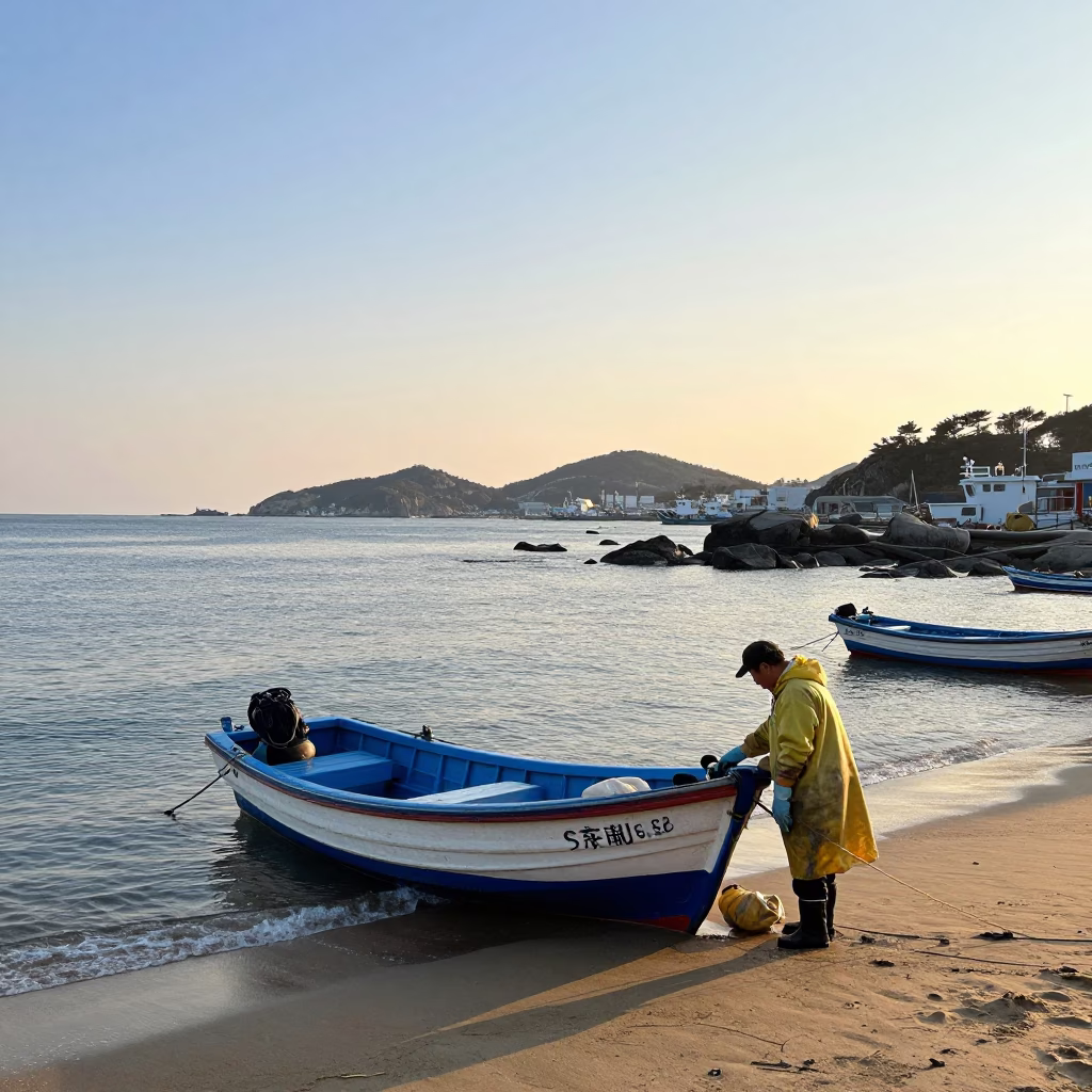 Fisherman just after sunrise in Busan in in Busan, South Korea