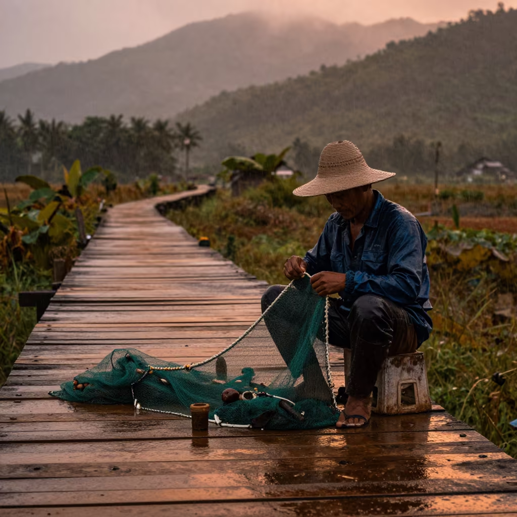 Fisherman Mending Nets in Copper Light in on a mountain path near Phrae