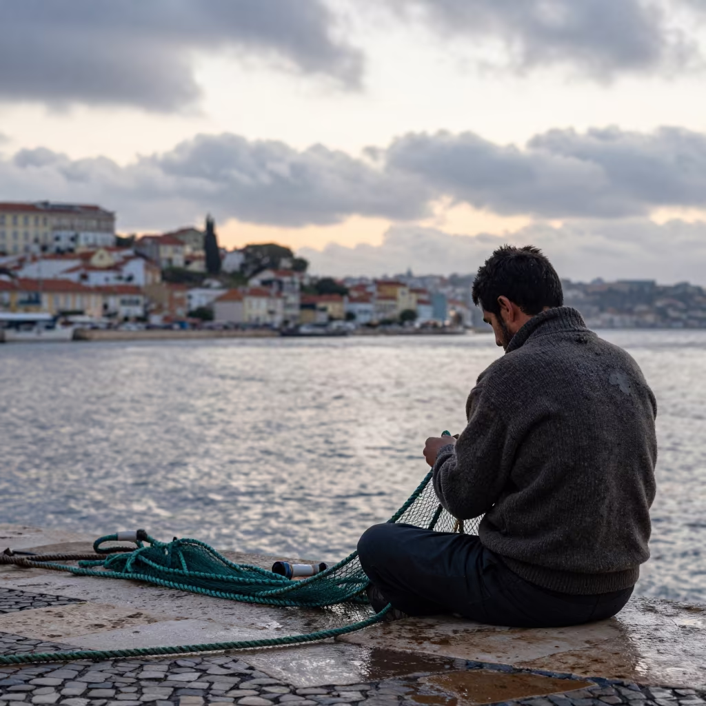 Fisherman Mending Nets at Dawn in Lisbon in on a hillside near Mouraria, Lisbon