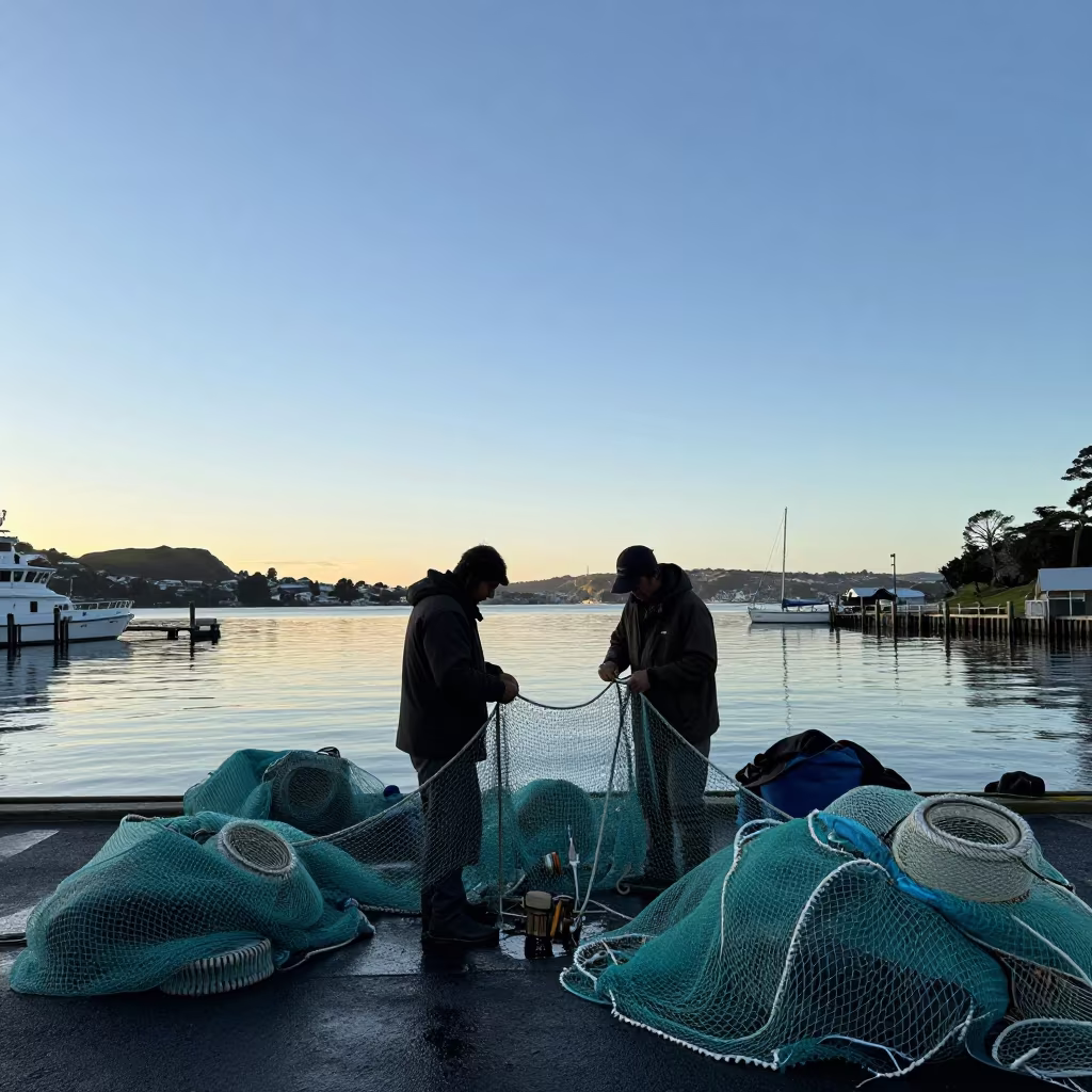 Fisherman Mending Nets at Dawn Near Auckland in at a roadside stop near Auckland