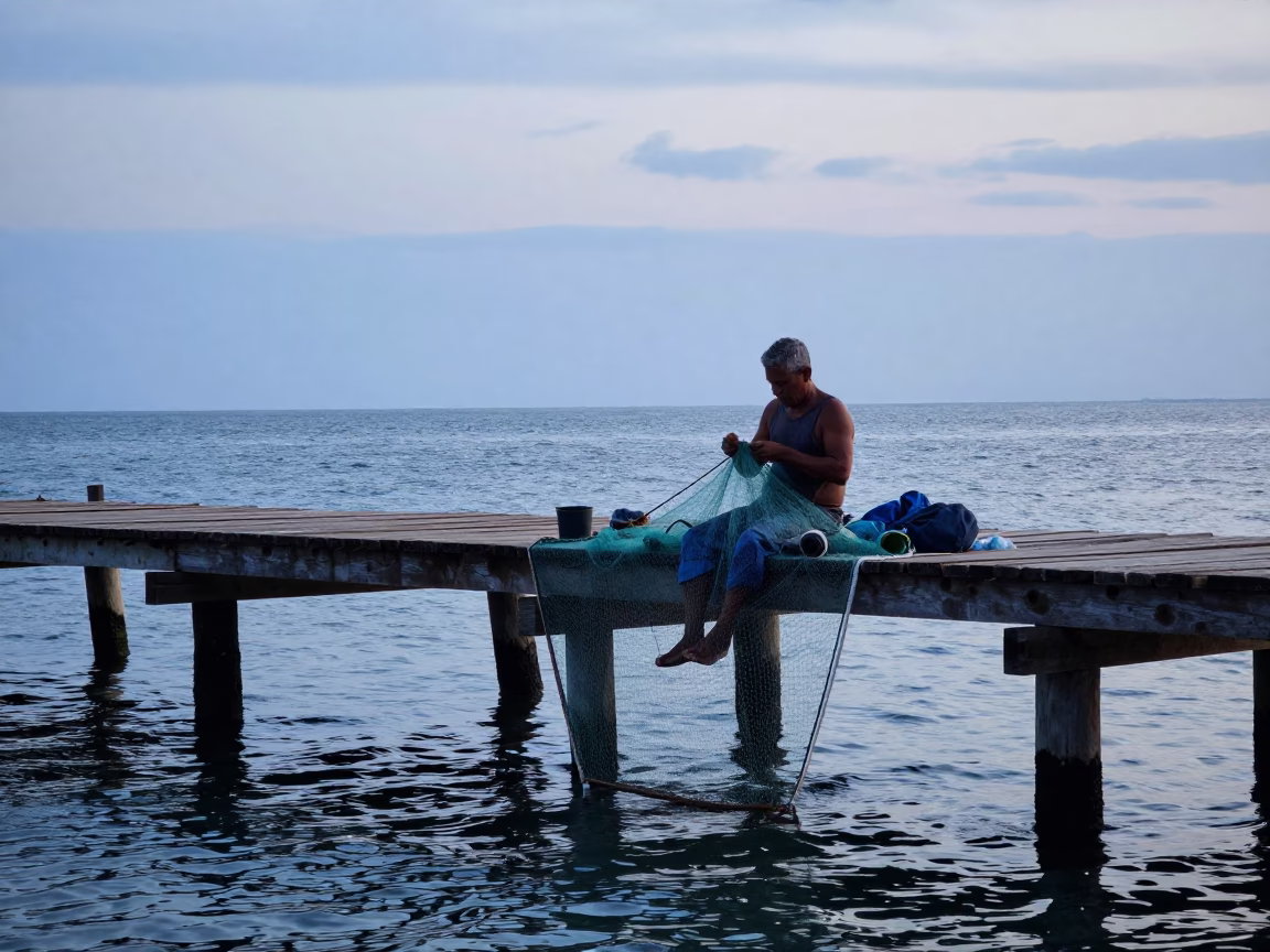 Fisherman Mending Nets on Wharf in Cartagena Colombia at Nautical Dawn in in Cartagena, Colombia