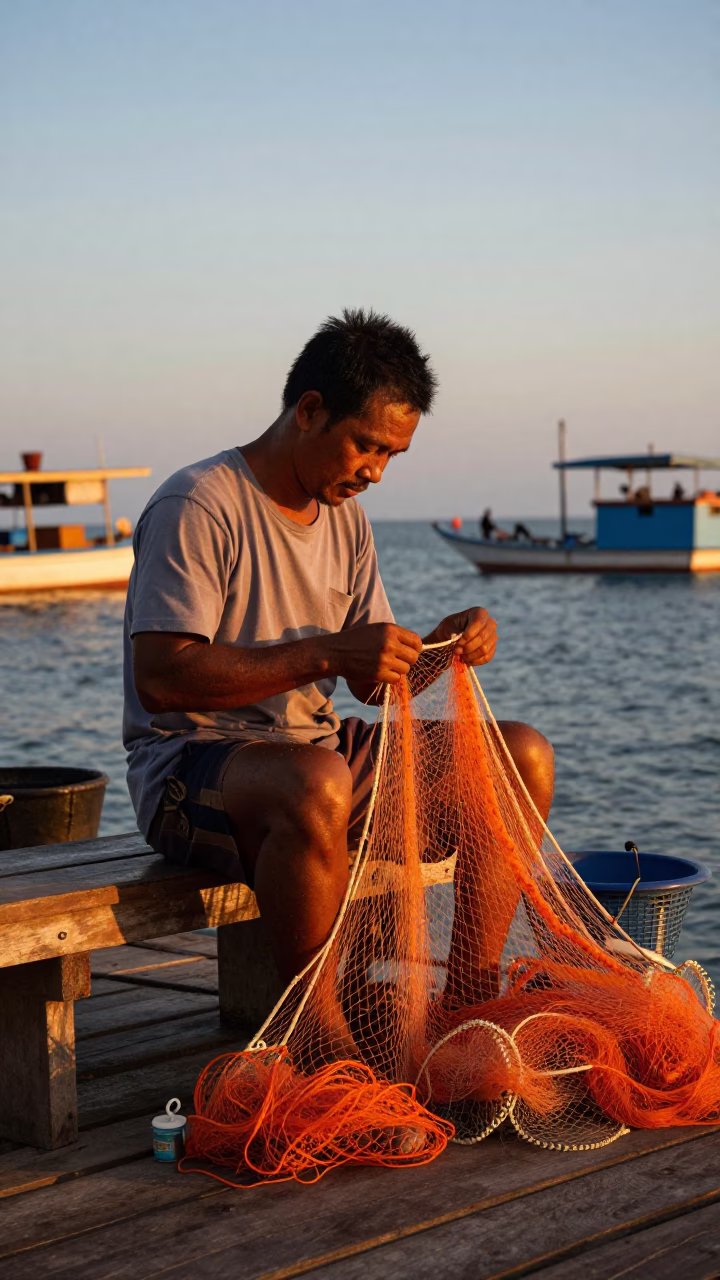 Fisherman Mending Nets on Wharf in Phuket Thailand Evening Light in in Phuket, Thailand
