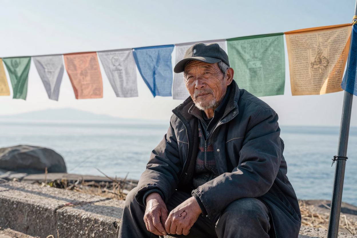 Fisherman Scars and Prayer Flags Yeumbeul Sud in beneath a line of prayer flags near Yeumbeul Sud