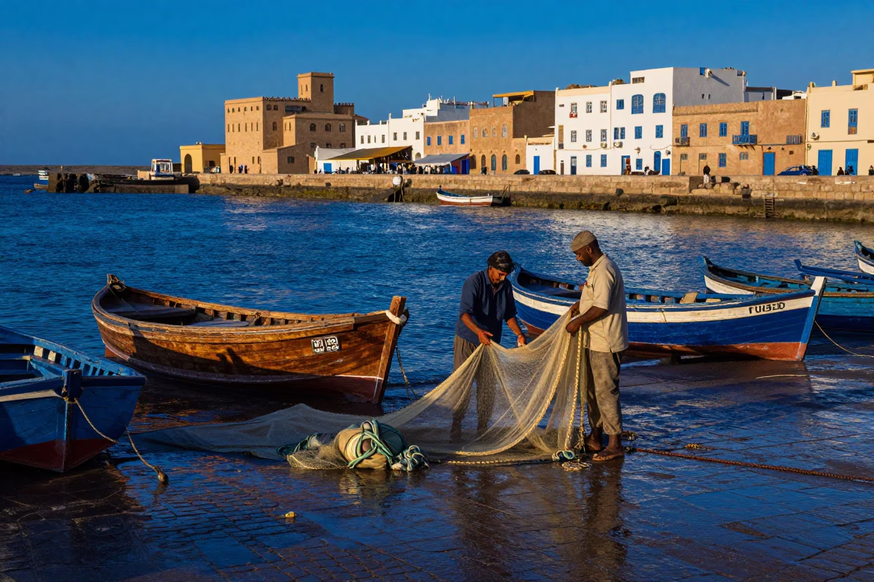 Fishermen hauling nets from wooden boats in Essaouira harbor at twilight in in Essaouira, Morocco