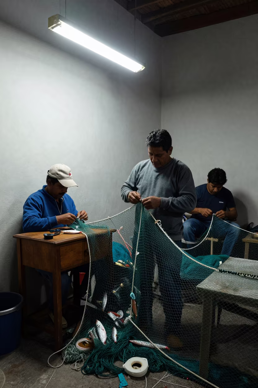Fishermen Mending Nets Under Fluorescent Night Light in on a bedside table near Gómez Palacio
