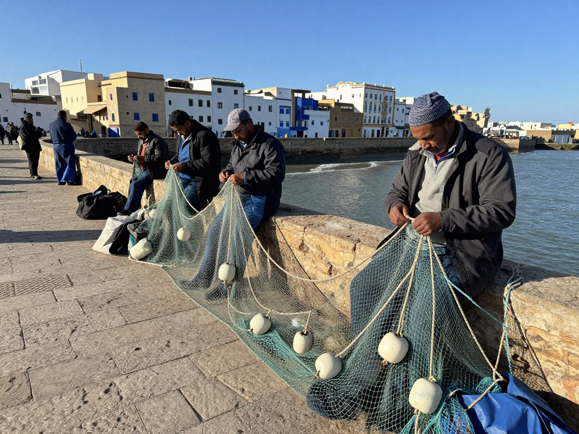Fishermen Mending Nets on Essaouira Harbor Wall in Winter in in Essaouira, Morocco