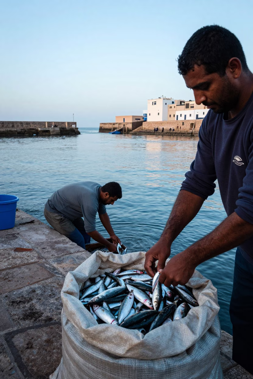 Fishermen Sorting Catch at Dawn in Essaouira Morocco Harbor in in Essaouira, Morocco