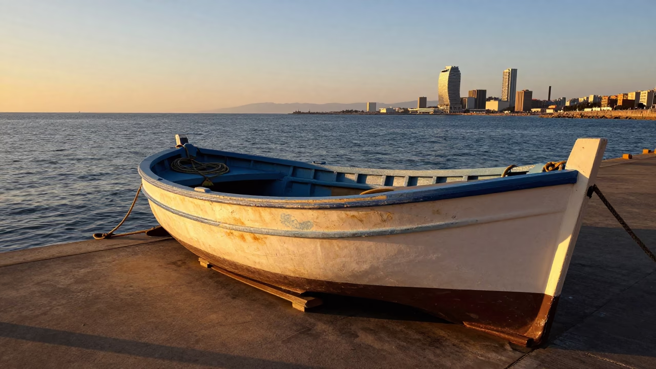 Fishing Boat in Barcelona at Sunset Light in in Barcelona, Spain