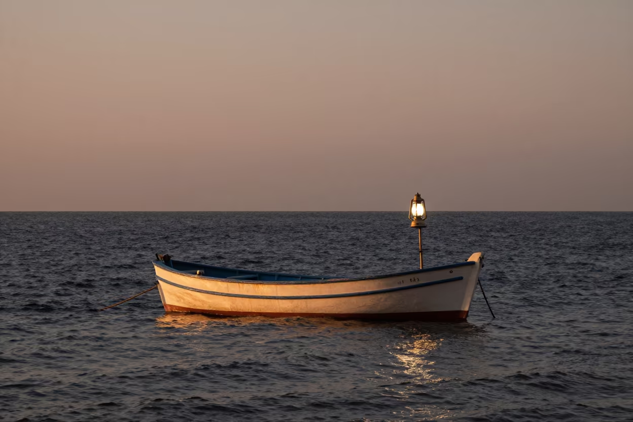 Fishing Boat Lantern at Tel Aviv Dawn in along a boat landing at first light near Tel Aviv