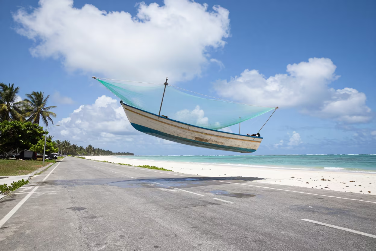 Fishing Boat and Nets Defying Gravity in Kenya in along a switchback approach in Kenya