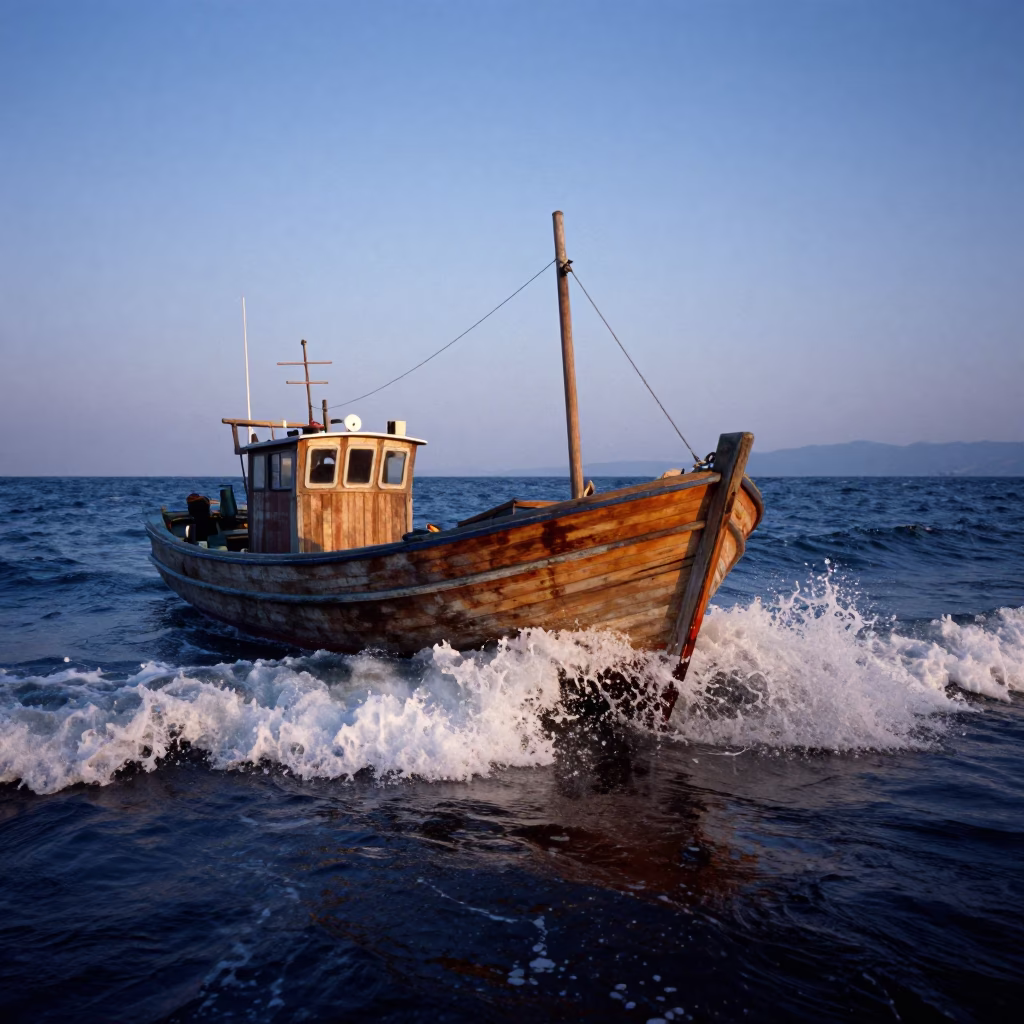 Fishing Boat Returning Through Crashing Surf at Blue Hour in Izmir Turkey in in Izmir, Turkey