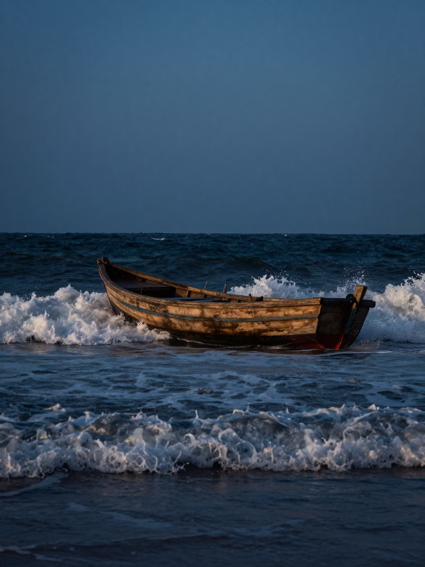 Fishing Boat Returning Through Crashing Surf at Nautical Dawn in Essaouira Morocco in in Essaouira, Morocco