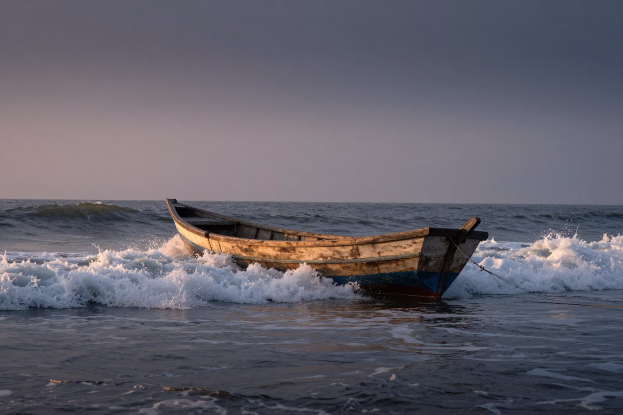 Fishing Boat Returning Through Crashing Surf at Nautical Dawn in Lima Peru in in Lima, Peru